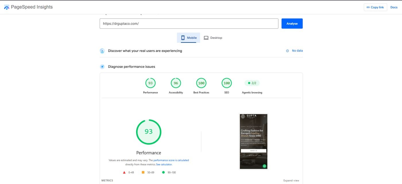 Google PageSpeed Insights mobile report for drguptaco.com showing Performance 93, Accessibility 96, Best Practices 100, and SEO 100