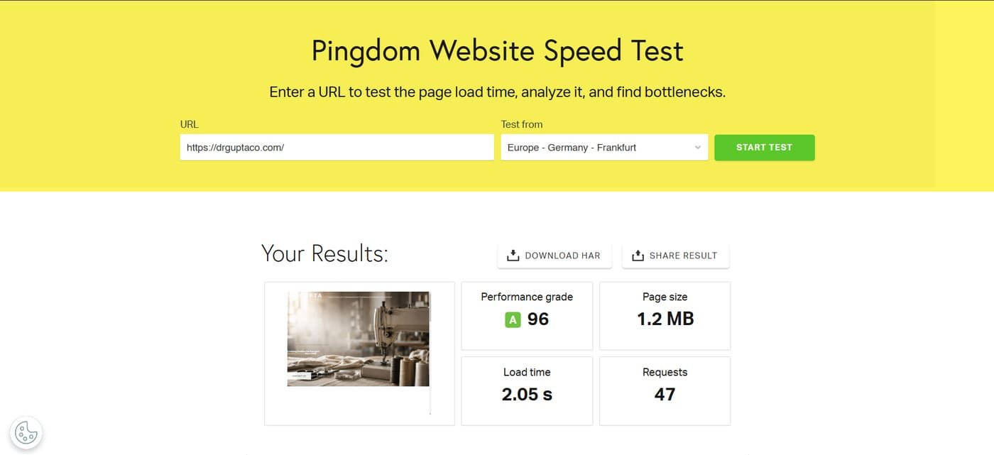 Pingdom Website Speed Test for drguptaco.com from Frankfurt showing grade A 96, 1.2 MB page size, 2.05 second load time, and 47 requests