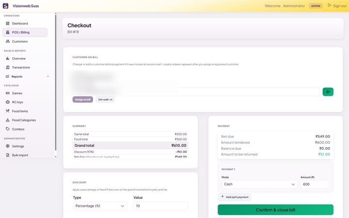 Ninja Gaming Cafe checkout with a split payment