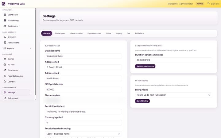 Ninja Gaming Cafe settings for receipt, tax and session alerts