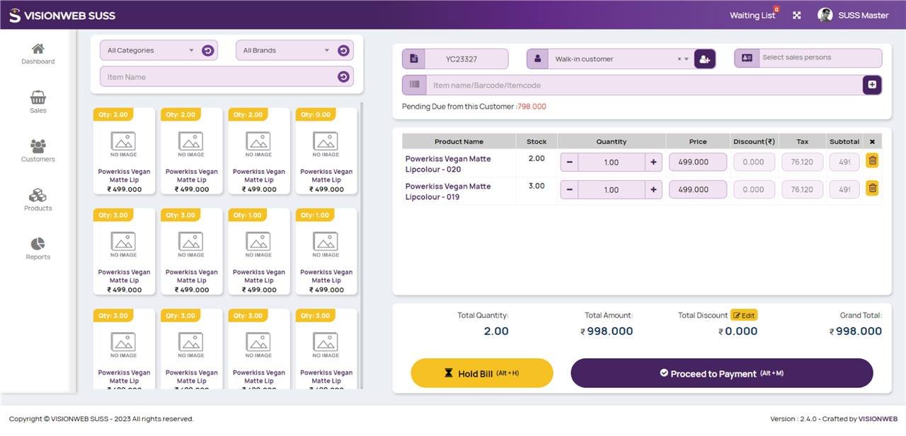 Visionweb Suss POS sales screen