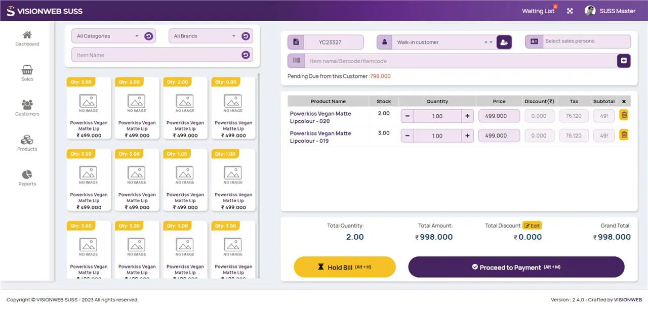 Visionweb Suss POS sales screen