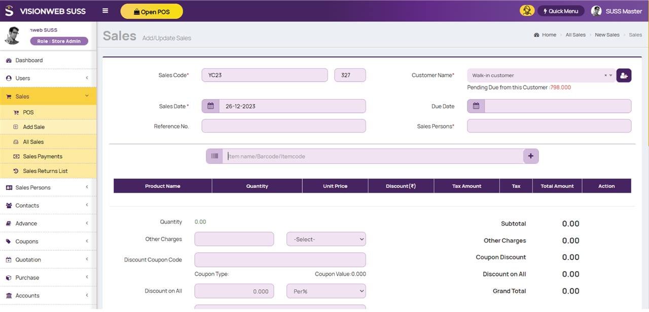 Visionweb Suss purchases screen