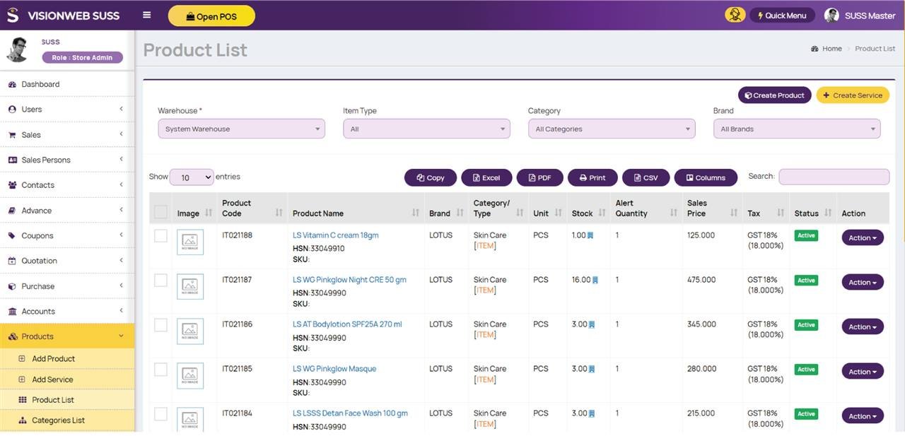 Visionweb Suss reports screen